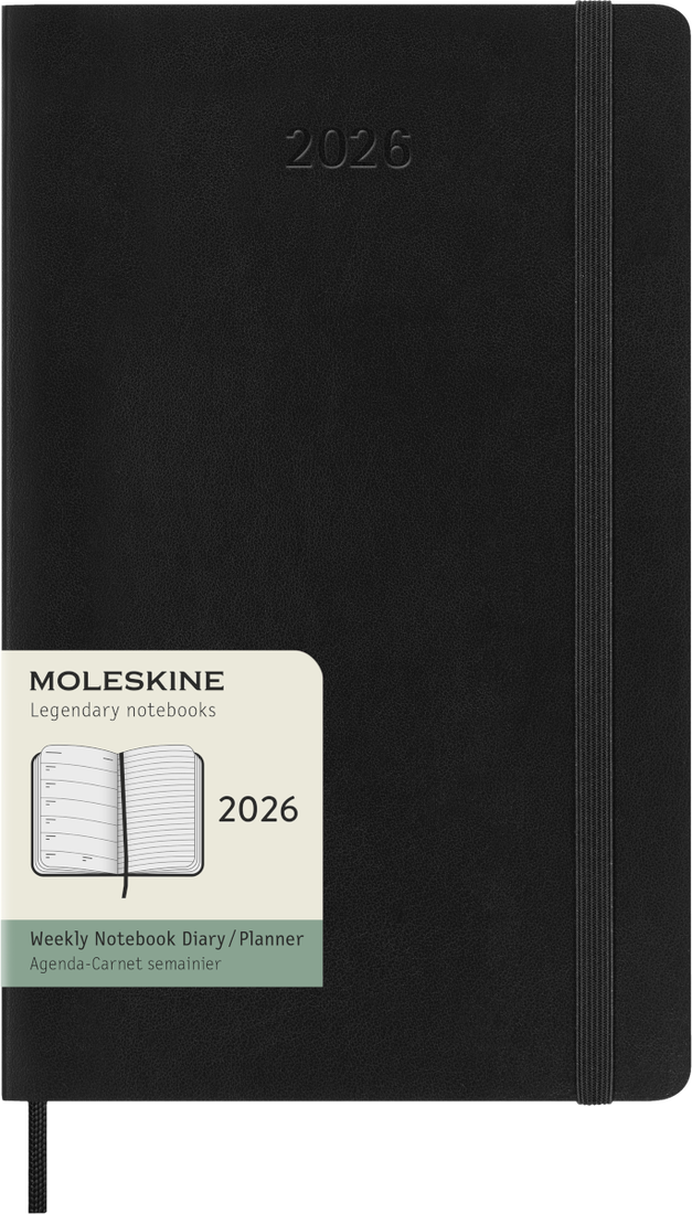 Moleskine Wochenplaner, Wochenagenda 2026 12 Monate mit Platz für Notizen, Deutsche Sprache, mit weichem Einband und Gummibandverschluss, Großformat 13x21, Farbe Schwarz
