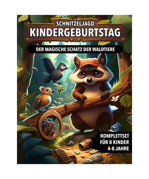 Schnitzeljagd Kindergeburtstag Waldtiere: Schatzsuche von 4 bis zu 8 Jahre Kinder - Komplettset mit Schatzkarte, Rätseln, Einladungen, Urkunden und vieles mehr!