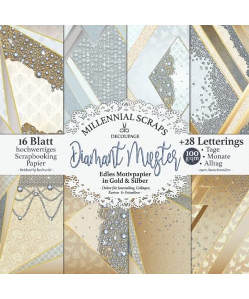 Decoupage Diamant Muster: Edles Motivpapier GOLD / SILBER für DIY Karten & Collagen zur Hochzeit I Scrapbooking Zubehör zum Ausschneiden I Junk Journal Dekor & Inpo