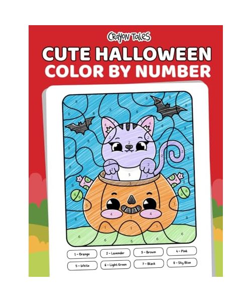 Cute Halloween Color by Number: Coloring Book for Kids Ages 4-8 features Spooky Ghosts, Haunted House, Cozy Pumpkins and Witches