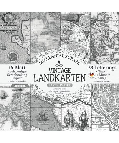Vintage Landkarten Bastelpapier schwarz-weiß – Für Karten, Reisetagebücher, Journaling –: Scrapbooking Papier & Junk Journal Zubehör I Zum ... Letterings I Basteln DIY Geschenk I Tagebuch