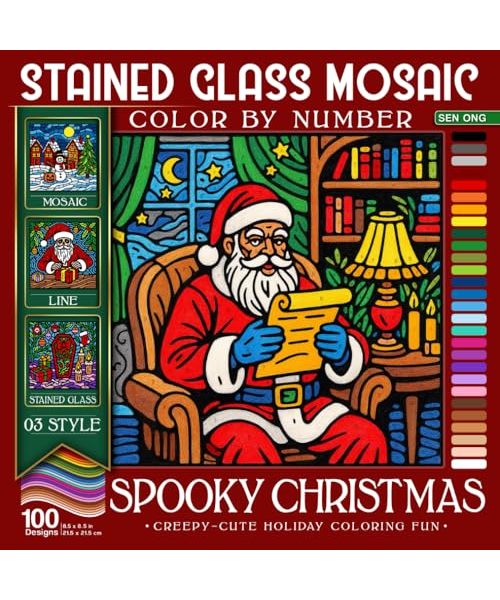 Spooky Christmas Stained Glass Mosaic Color By Number: 100 Creepy Cute Holiday Designs for Coloring Fun
