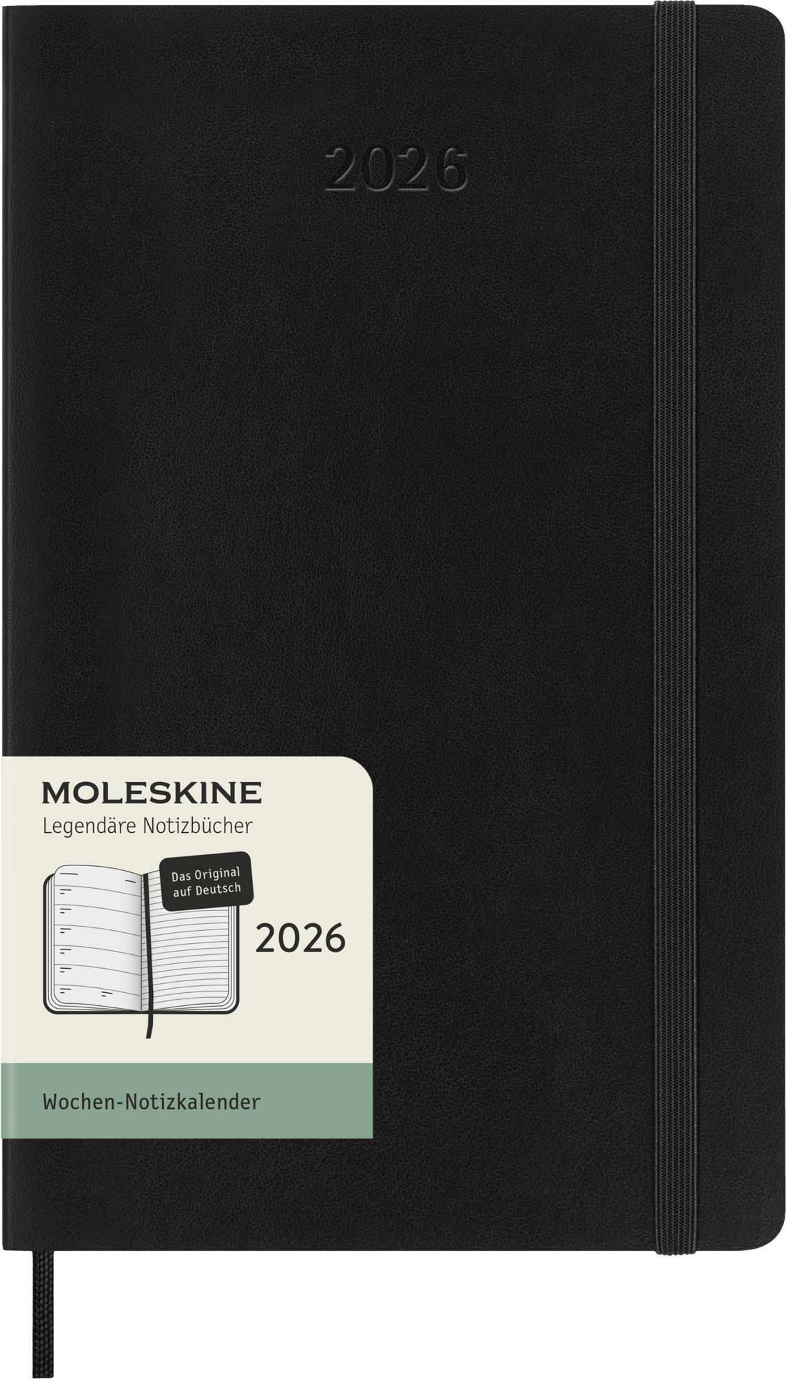 Moleskine Wochenplaner, Wochenagenda 2026 12 Monate mit Platz für Notizen, Deutsche Sprache, mit weichem Einband und Gummibandverschluss, Großformat 13x21, Farbe Schwarz