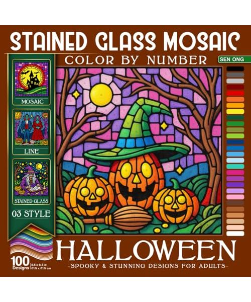 Halloween Stained Glass Mosaic Color By Number: 100 Spooky & Stunning Designs for Adults to Relax & Create