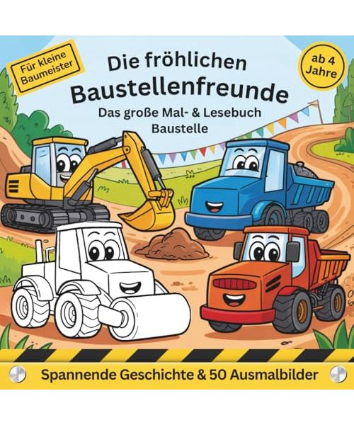 Die fröhlichen Baustellenfreunde: Das besondere Malbuch Baustelle ab 4 Jahre: Ein Mal- und Lesebuch mit spannender Geschichte & 50 Ausmalbildern