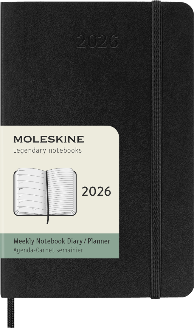 Moleskine Wochenplaner, Wochenagenda 2026 12 Monate mit Platz für Notizen, Deutsche Sprache, mit weichem Einband und Gummibandverschluss, Pocket-Format 9x14, Farbe Schwarz