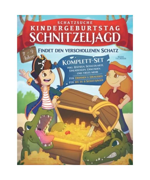 Schatzsuche Kindergeburtstag Schnitzeljagd: 7 bis 9 Jahre | Findet den verschollenen Piratenschatz! Komplett-Set inkl. Rätseln, Schatzkarte, Einladungen, Urkunden und vieles mehr