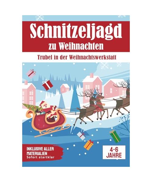 Schnitzeljagd Weihnachten | Trubel in der Weihnachtswerkstatt: Komplettset | für 4-6 Jährige | bis zu 8 Kinder (Partyspiele zum Kindergeburtstag)