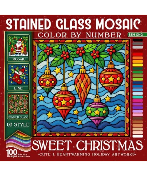 Sweet Christmas Stained Glass Mosaic Color By Number: 100 Cute & Heartwarming Holiday Artworks