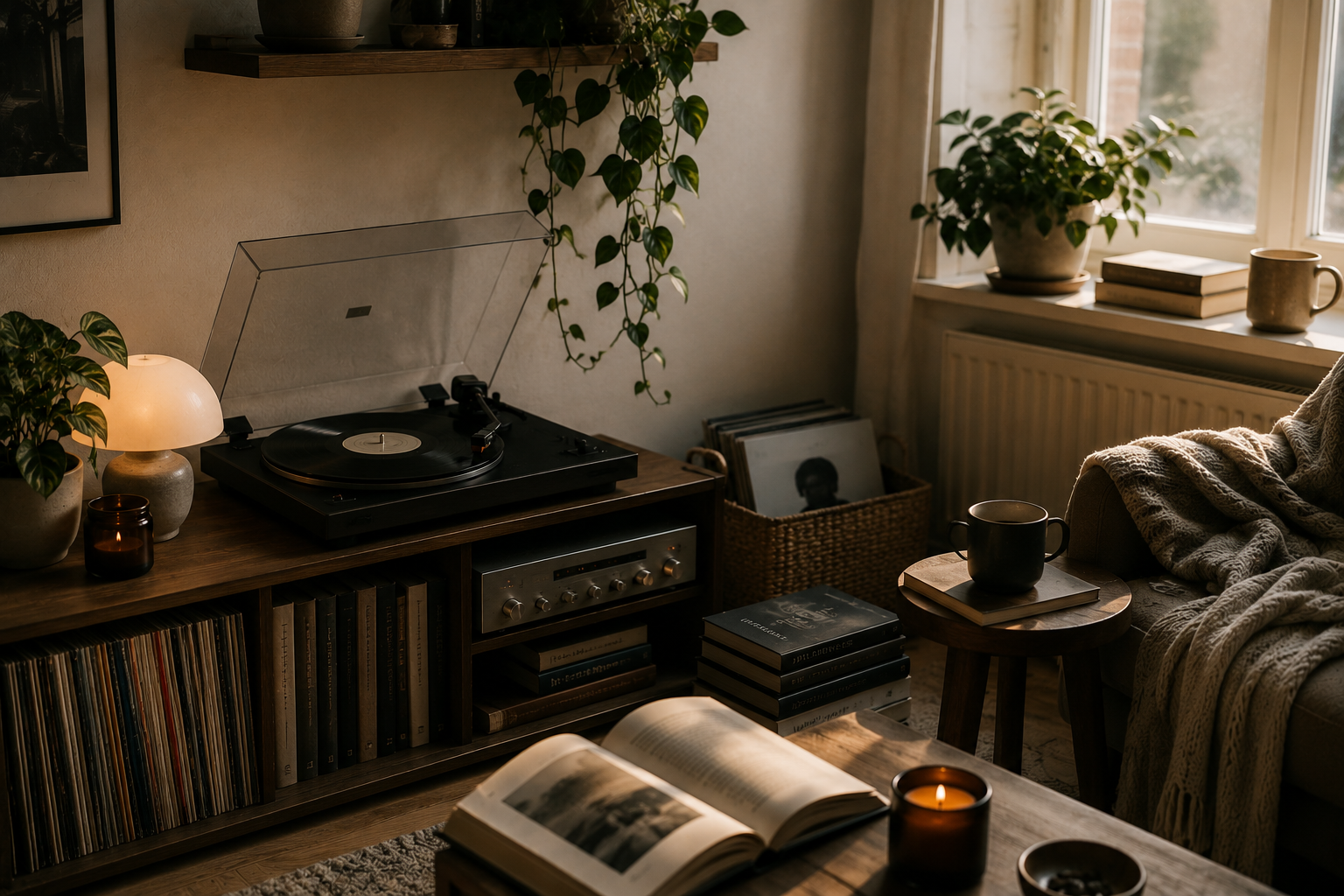 Physische Medien wie Bücher und Vinyls in moderner Wohnatmosphäre