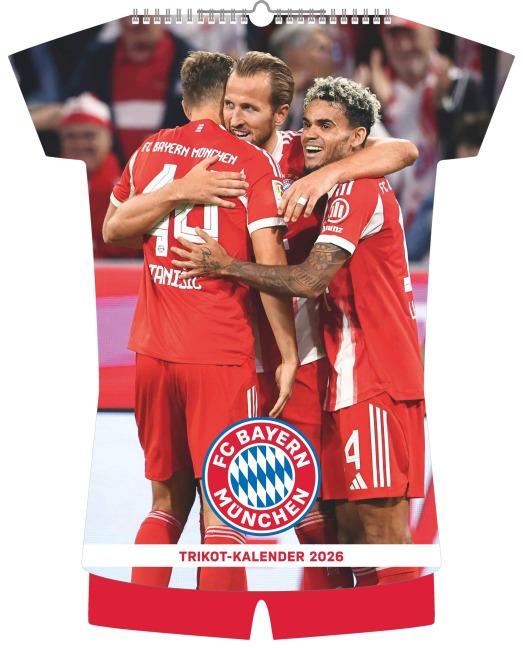 N Neumann - FC Bayern München 2026 - Trikotkalender 34x42 cm mit 12 Monatsblättern, 2-sprachigem Kalendarium & Spiralbindung, origineller Fußball-Wandkalender in Trikotform für Fans