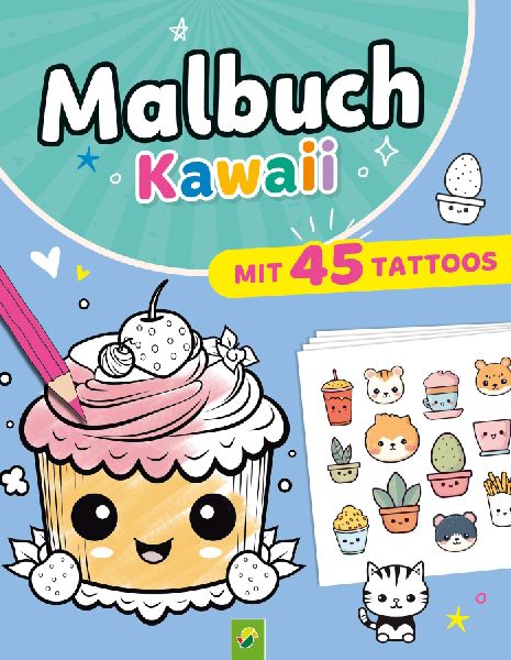 Malbuch Kawaii mit 45 Tattoos