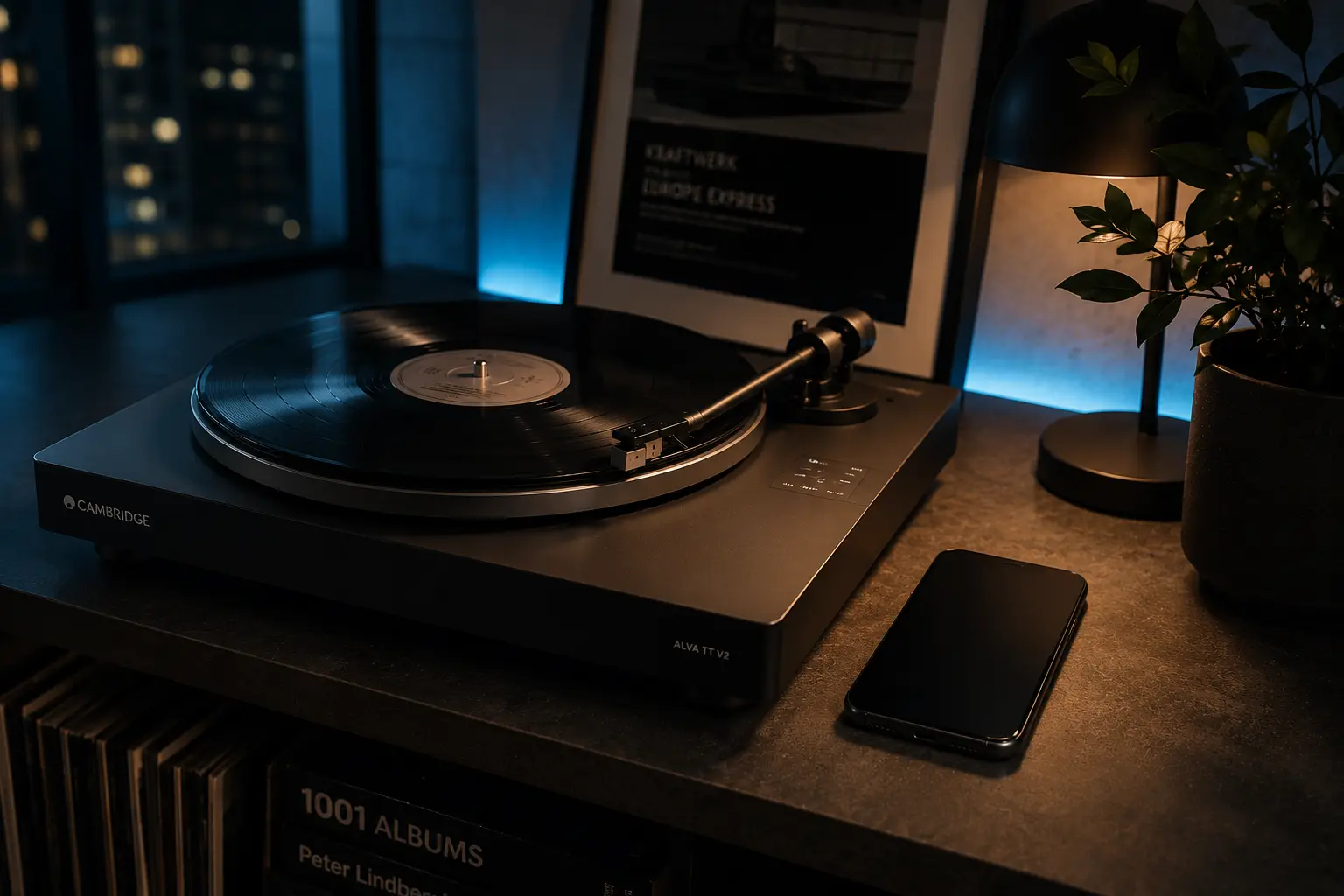 Moderner Vinyl Plattenspieler neben ausgeschaltetem Smartphone in technologischer Atmosphäre