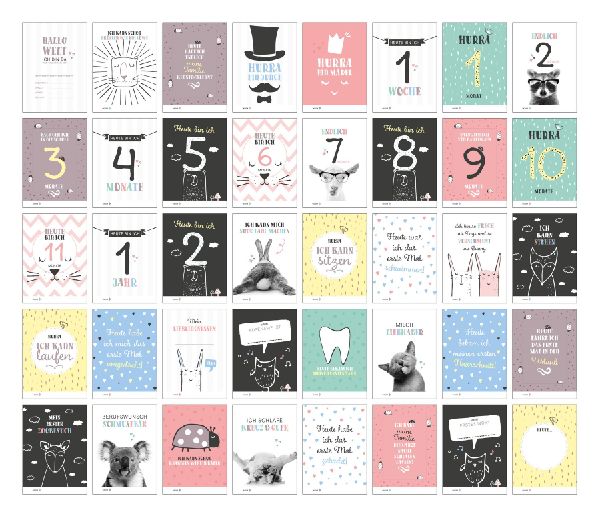 40 Baby Meilenstein-Karten für das 1. Lebensjahr für Mädchen und Junge. Baby Milestone Cards deutsch, zur Erinnerung der Entwicklung der ersten Monate. Geschenk-Set inkl. Box zur Aufbewahrung. Gesc