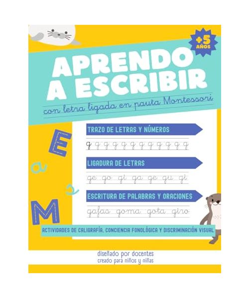 APRENDO A ESCRIBIR CON LETRA LIGADA EN PAUTA MONTESSORI: Caligrafía para niños y niñas a partir de 5 años, para iniciarse y practicar el trazo y ... minúsculas. Actividades de lectoescritura.