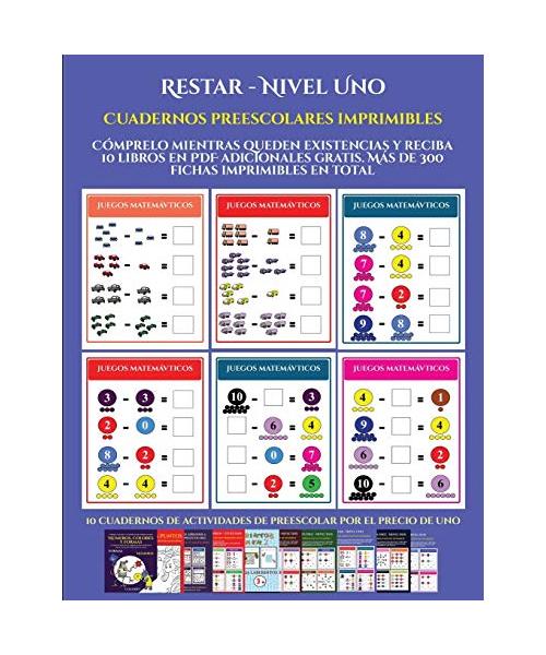 Cuadernos preescolares imprimibles (Restar - Nivel Uno): Cómprelo mientras queden existencias y reciba 12 libros en PDF adicionales gratis. Más de 300