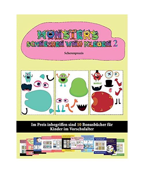 Scherenpraxis: 20 vollfarbige Kindergarten-Arbeitsblätter zum Ausschneiden und Einfügen - Monster 2