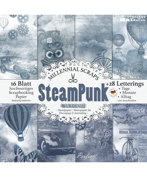 Steampunk Blue Denim – Bastelpapier / Motivpapier für Decoupage & Journaling –: Scrapbooking Papier & Junk Journal Zubehör I Zum Ausschneiden I Mit Letterings I Karten Basteln DIY Geschenk I Tagebuch