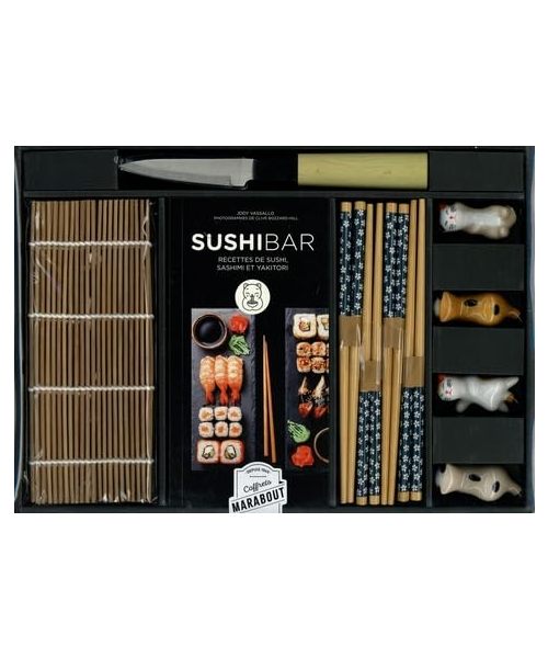 Coffret Sushi Bar: Contient : des baguettes en bois, des porte-baguettes kawaï, 1 couteau à sushi, 1 natte en bambou pour maki et 1 livre de recettes