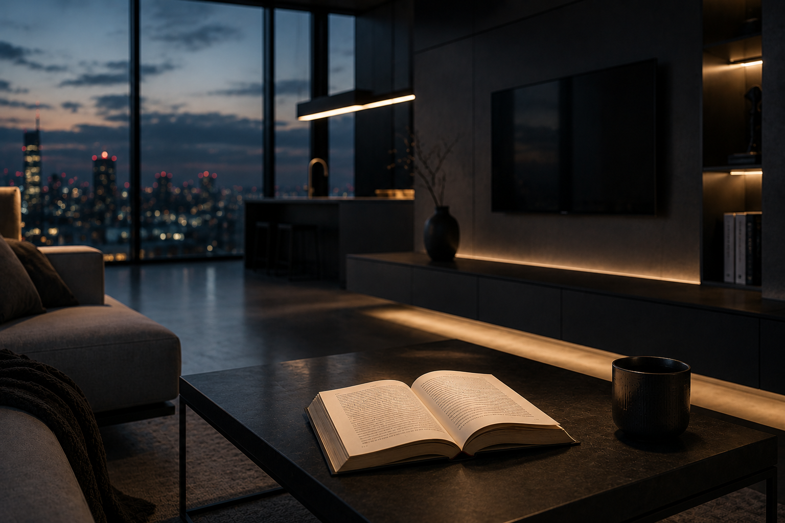 Gedrucktes Buch in modernem Wohnzimmer am Abend